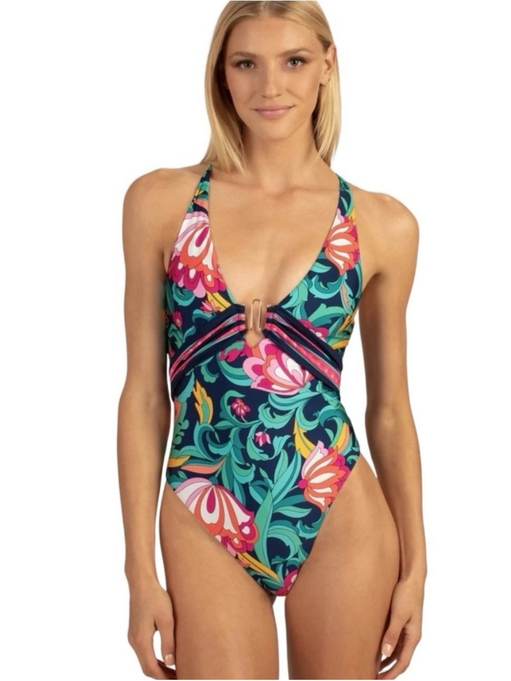 Trina Turk Floral Deep V One-Piece Swimsuit - Teal Multi